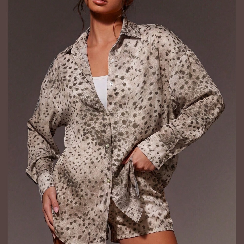 Taupe Muted Animal Deer Print Oversized Button-Up Shirt